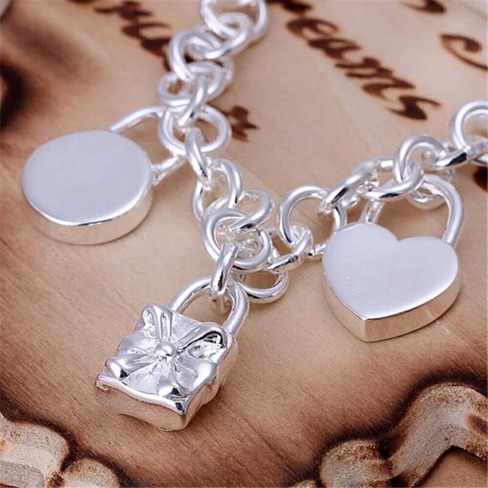 Sterling Silver 925 Chain bracelet with Lock Charms #1226 - Picture 5 of 10